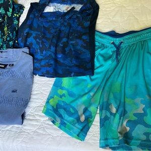 Boys lot shorts with pockets Blue and Teal Camo Shorts and two shirts school
